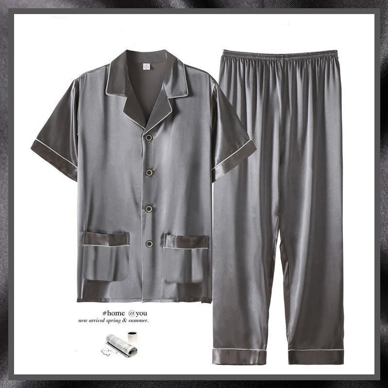 Men's Summer Thin Ice Silk Short Sleeve Homewear Suit with Trousers