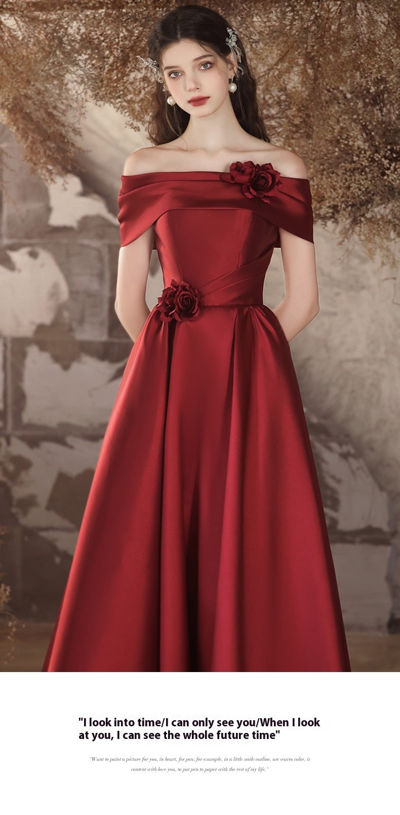 Off-Shoulder Wine Red Satin Toast Wedding Evening Dress