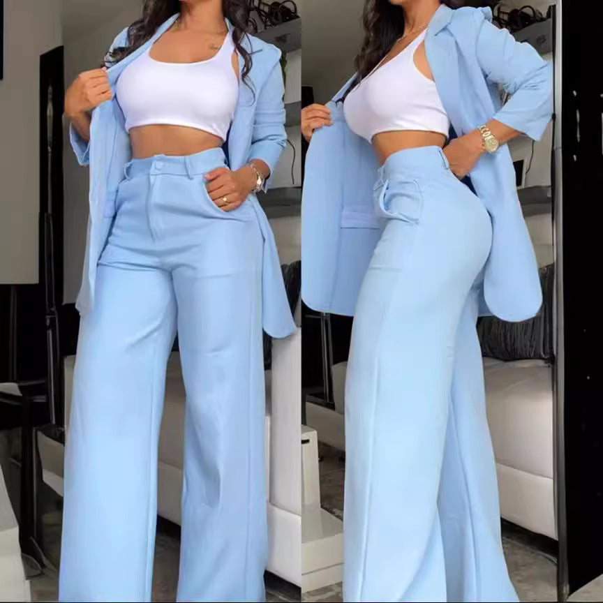 Pure Color Lapel Suit with Split Sleeves and Straight-Leg Pants for Women