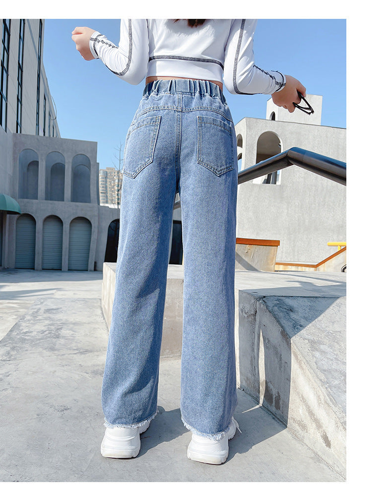Girls Light Blue Denim Wide Leg Casual Pants
