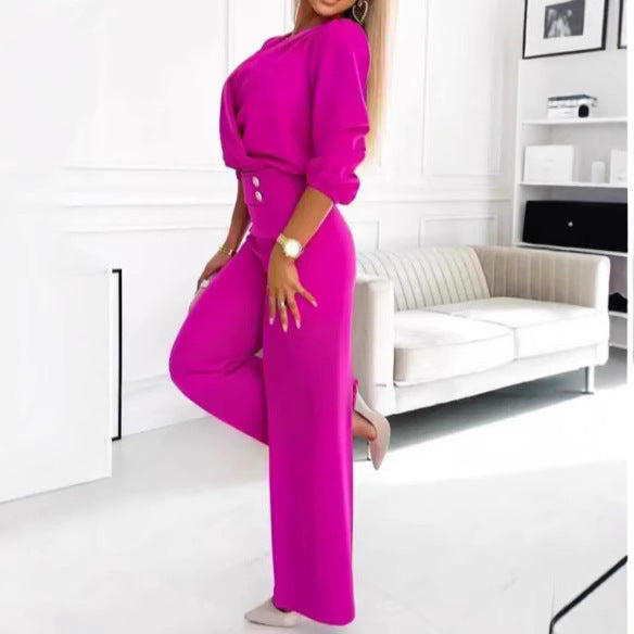 Women's V-Neck Two-Button Solid Color 2-Piece Trousers Suit