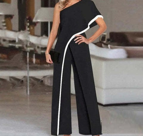 New One-shoulder Contrast Color Sexy Wide-leg Jumpsuit