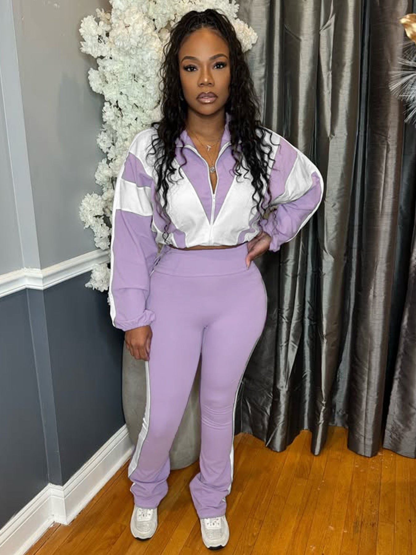 Elastic Buckle Waist Color Block Stitching Contrast Color Sports Casual Two-piece Suit