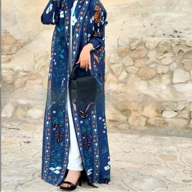 Pleated Trench Djellaba Printed Shawl Cardigan Ethnic Cloak Coat for Middle East Women