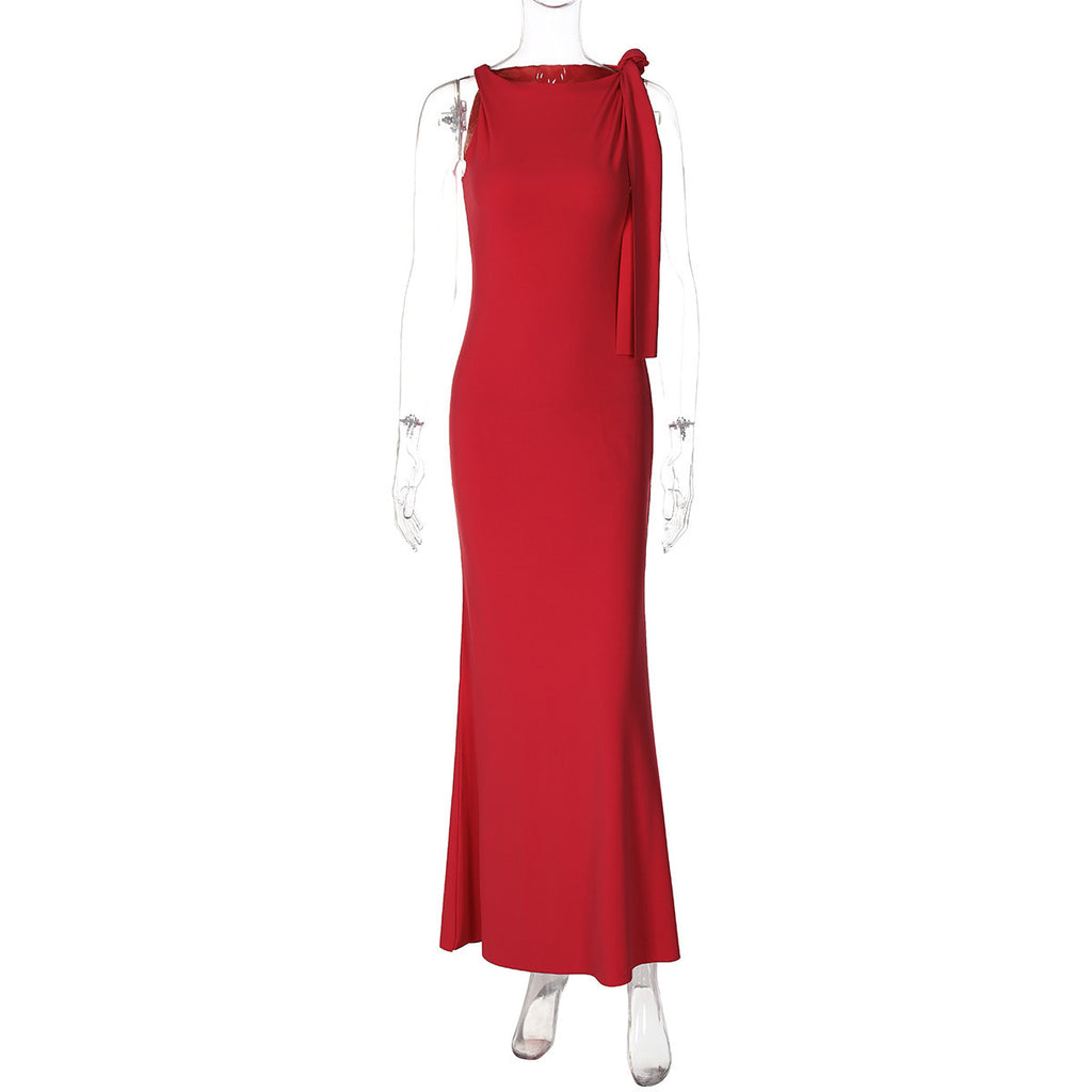 Robe longue de soirée et de club moulante sans manches à ruban et une épaule