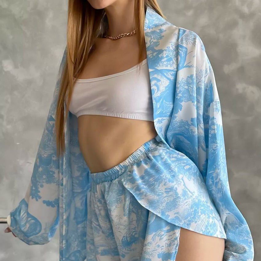 Comfortable Blue Soft Printed Long Sleeve Shorts Pajamas Suit