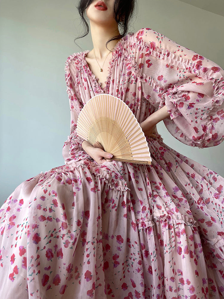 Gentle Puff Sleeve Floral Tea Break Dress