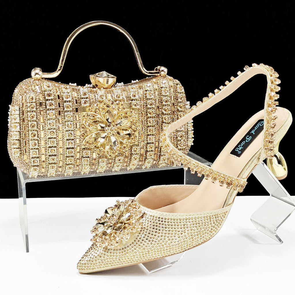 Sexy Women's High Heel Shoes and Bag Set with Rhinestones, Sizes 38-43