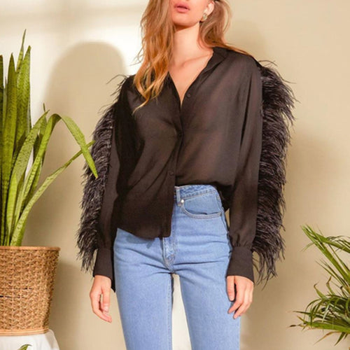 Lapel Long Sleeve Slim Fit Ostrich Hair Panel Shirt
