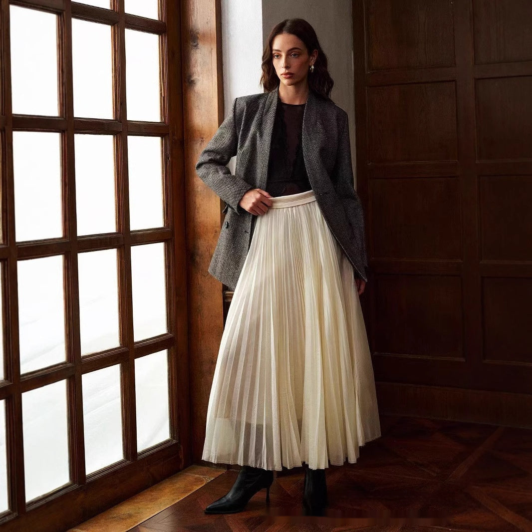 French Style White Pleated High Waist Chiffon Skirt