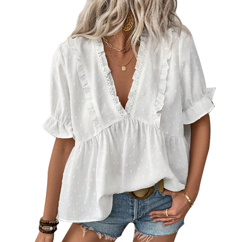 Women's White Lace Short-Sleeve Fur Ball Shirt with Cut Flower Design