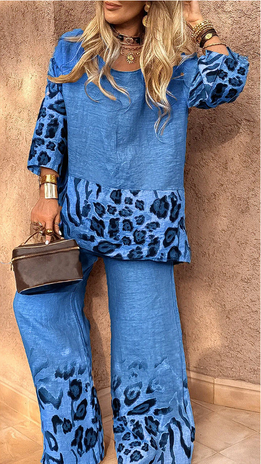 Women's Casual Cool Cotton And Linen Leopard Print Printed Two-piece Suit