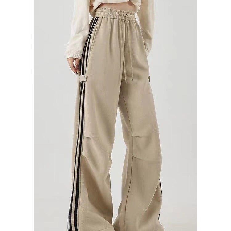 American Striped Wide-Leg Cotton Workwear Sweatpants in Khaki, Black & Dark Gray