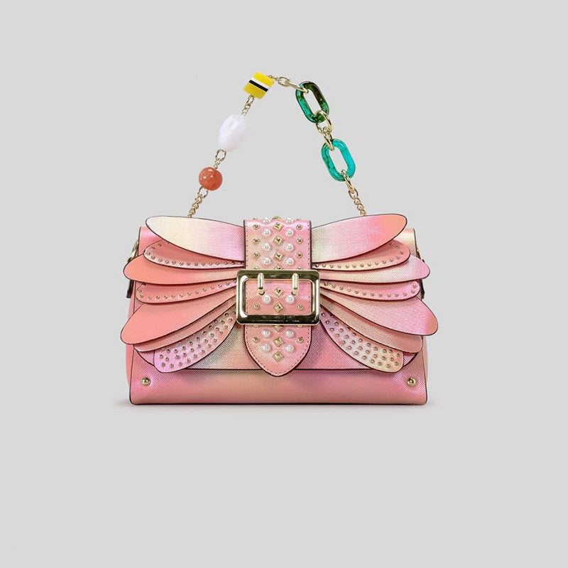 Contrast Color Rivet Butterfly Wings PU Handbag Crossbody Bag