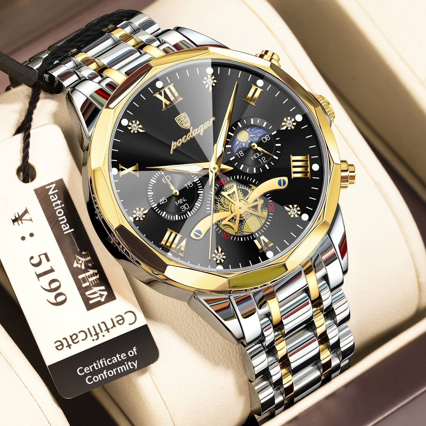 Waterproof Multifunctional Quartz Watch for Men with Stainless Steel Strap