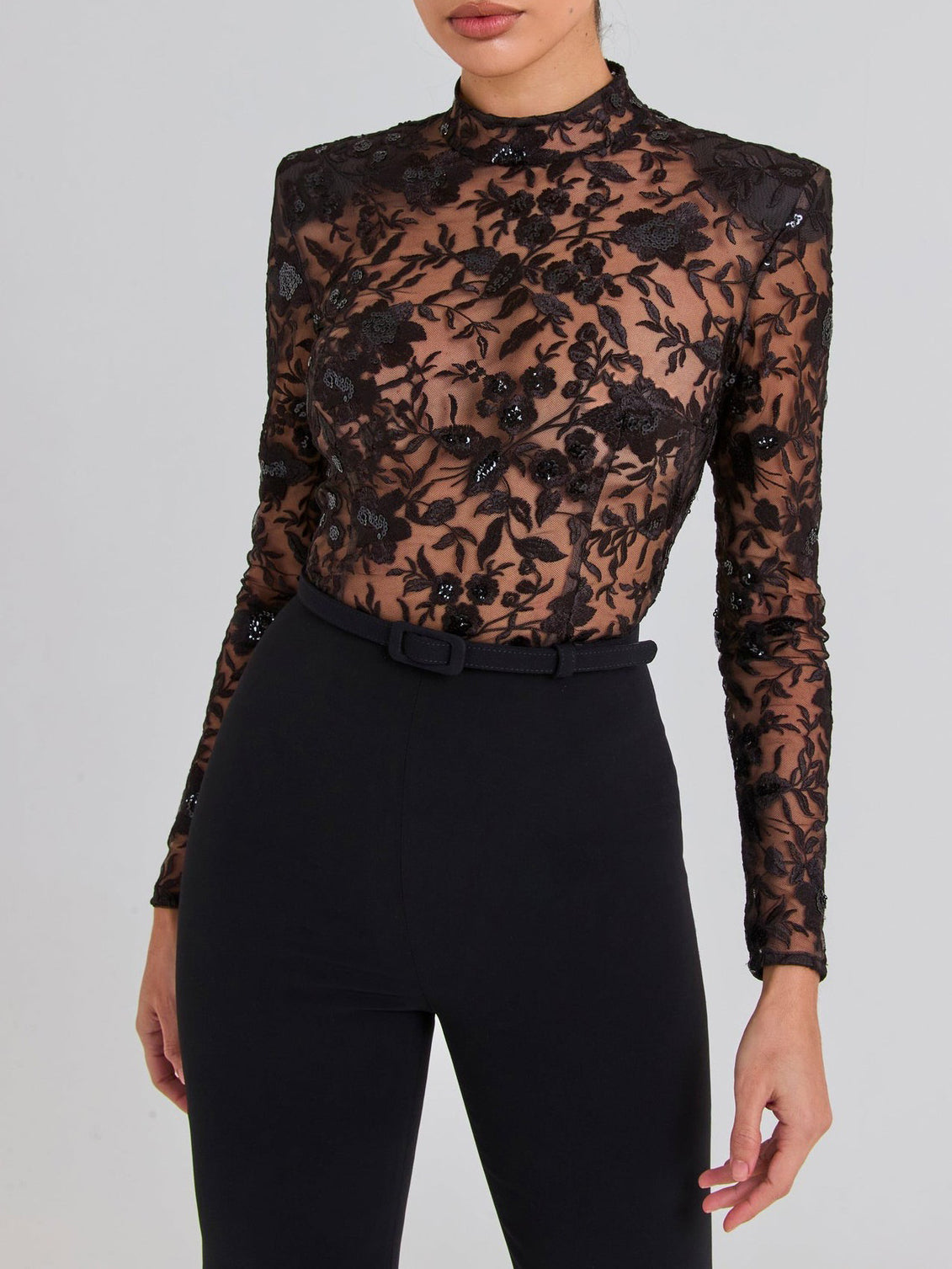 Black See-Through Lace Long-Sleeve Trousers Jumpsuit