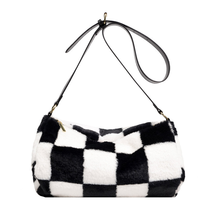 Ladies Winter New Plush Flower Check Bucket Bag