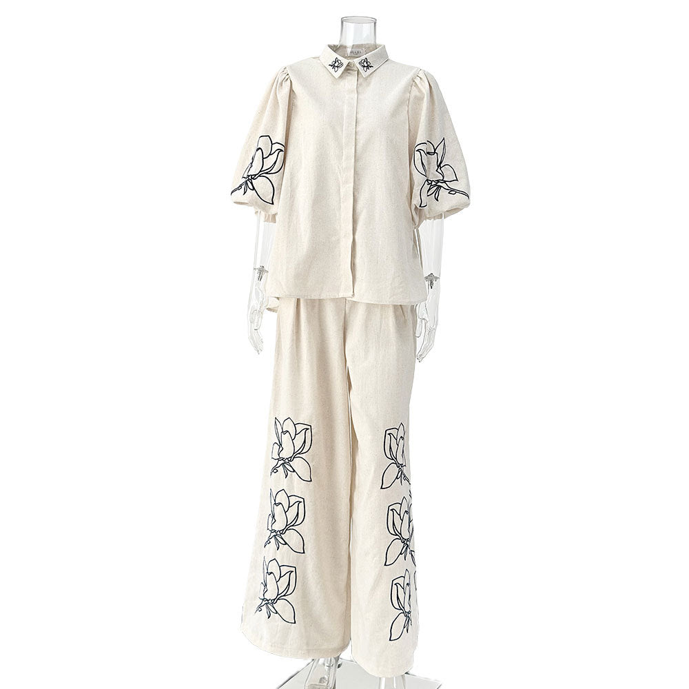 Cotton Linen Embroidered Wide-Leg Pants Suit with Puff Sleeve Top