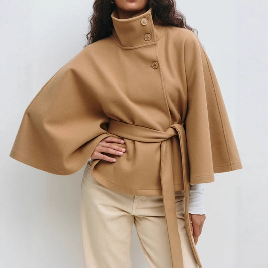 Women's Autumn And Winter Solid Color Cloak Stand Collar Button Belt Trench Coat
