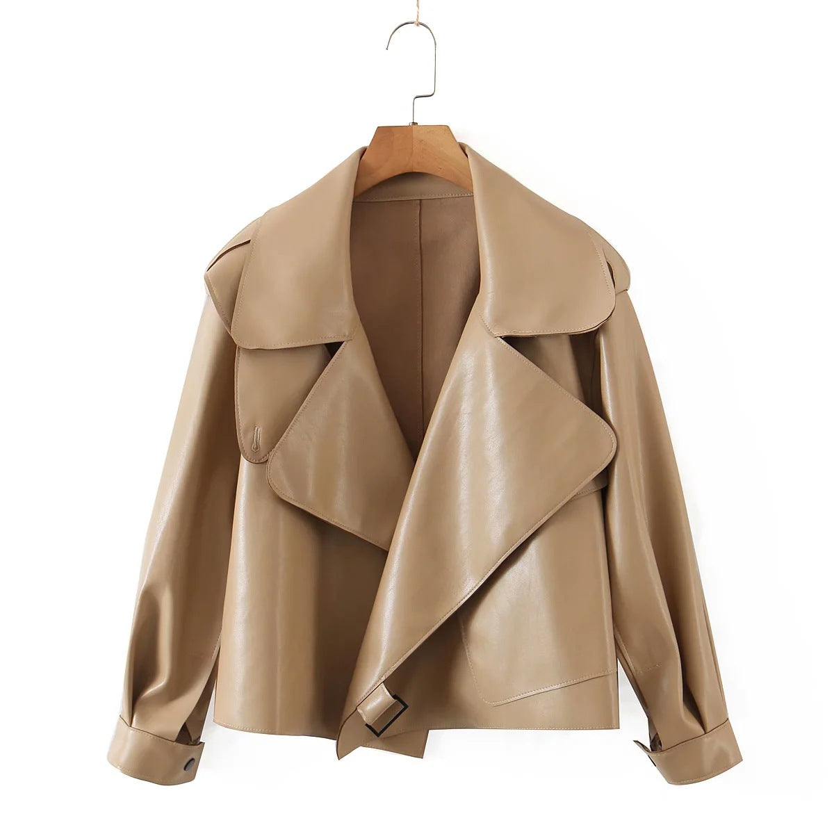 Lapel PU Leather Motorcycle Jacket for Women – Short, Stylish, Handsome