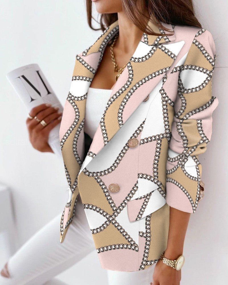 Long Sleeve Double-Breasted Printed Slim Fit Suit Jacket