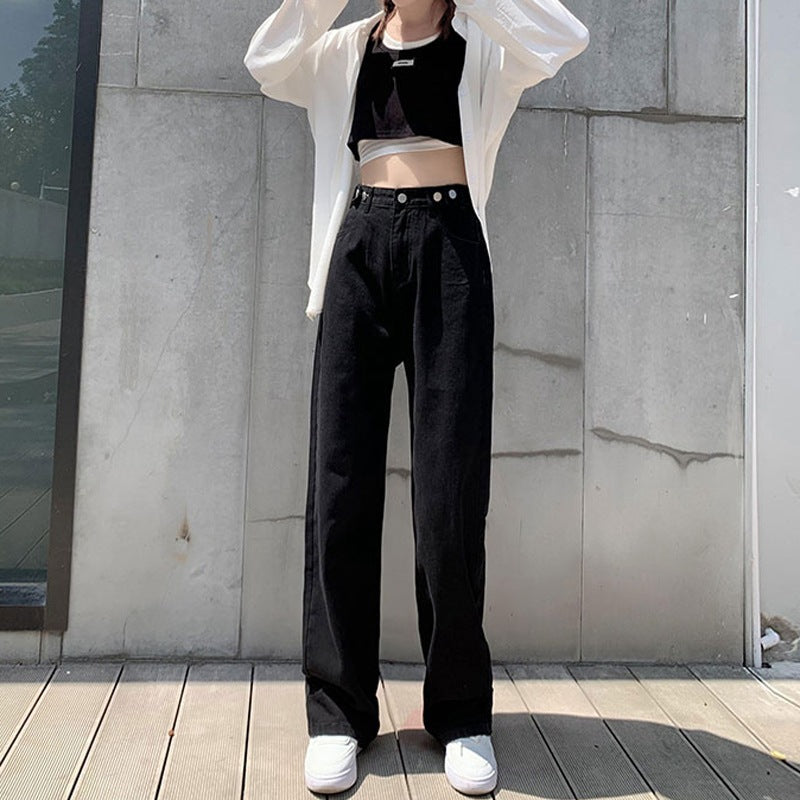 Women's Adjustable High Waist Straight Denim Jeans Loose Fit