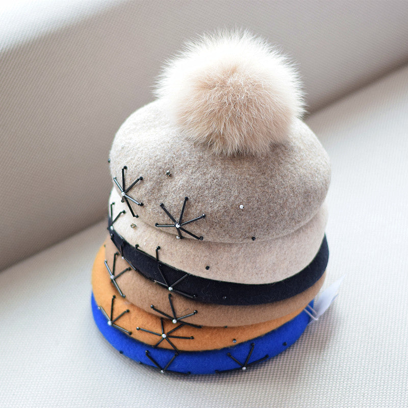 Women's Wool Dome Hat with Fox Fur Ball – Winter Warm M(56-58cm)