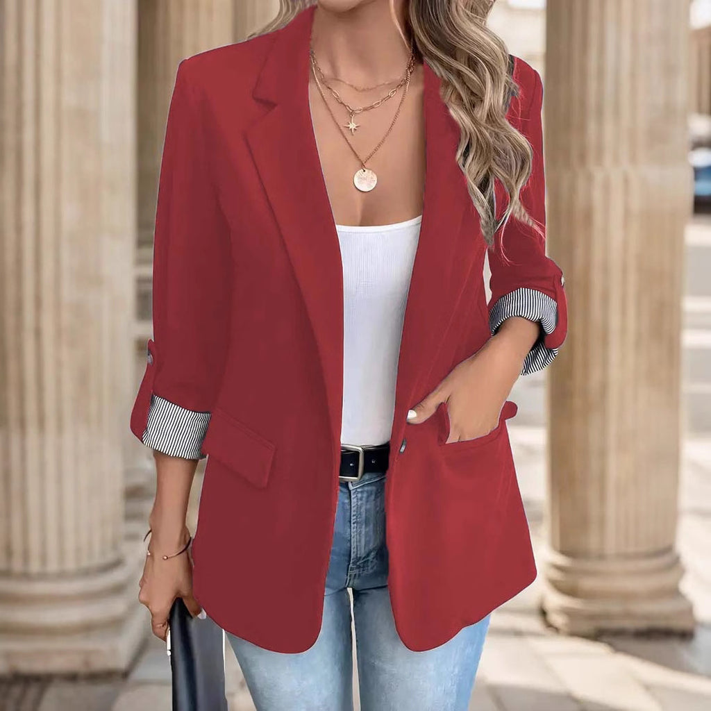 Slim-Fit Cropped Button Suit Jacket with Roll-Up Sleeves for Women