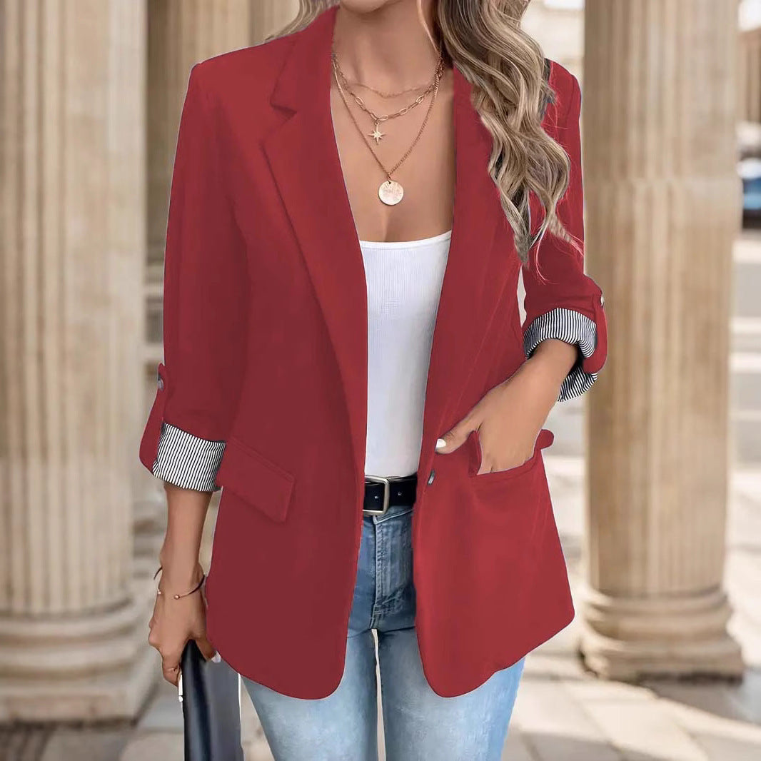 Slim-Fit Cropped Button Suit Jacket with Roll-Up Sleeves for Women