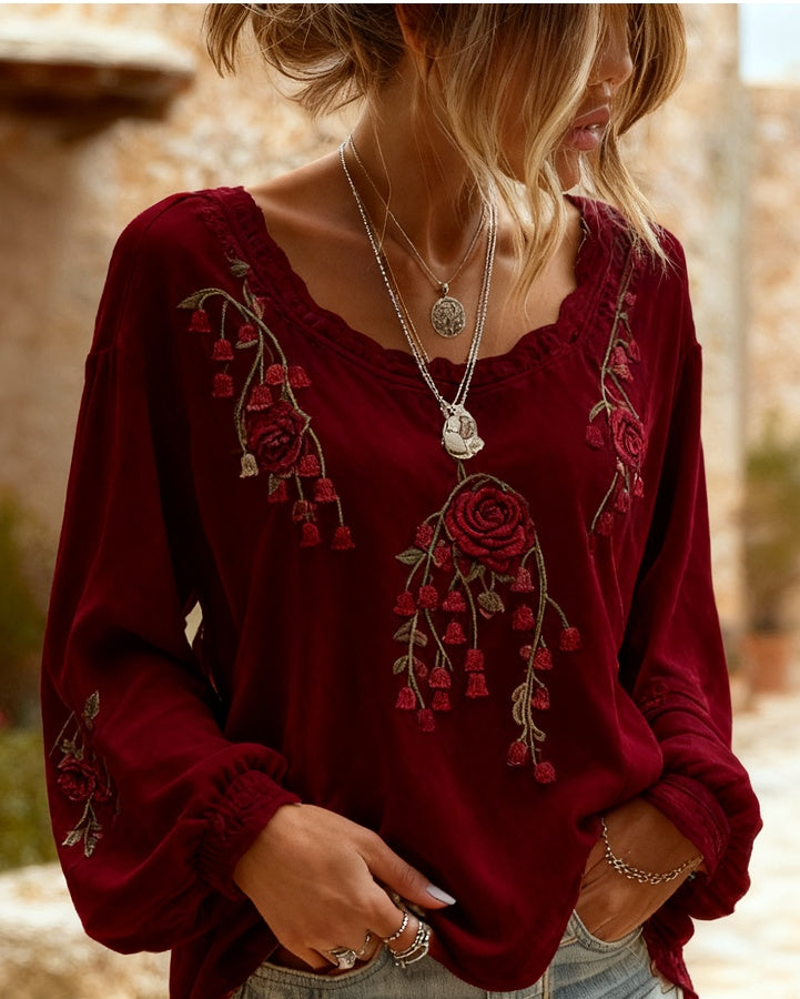 Women's Bohemian Style V-Neck Long Sleeve Shirt - Loose Printed Top