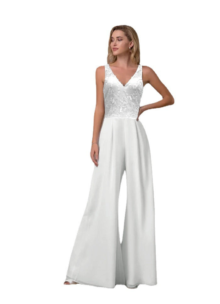Women's White Mid-Waist Sleeveless V-Neck Wide-Leg Chiffon Jumpsuit