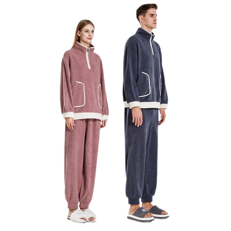 Pyjama de couple chaud en velours de waxberry rouge rosé et bleu marine