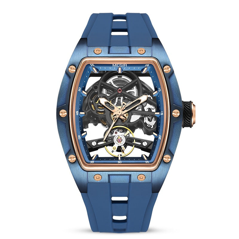 Montre mécanique ajourée pour homme avec bracelet en silicone