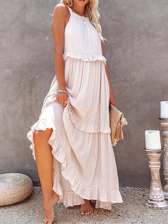 Robe longue d'été à volants, dos nu, col halter, pour femmes