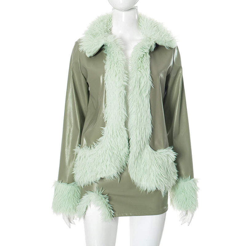 Leather Fur Collar Cardigan & Short Skirt Set for Women in Green & Rose Red