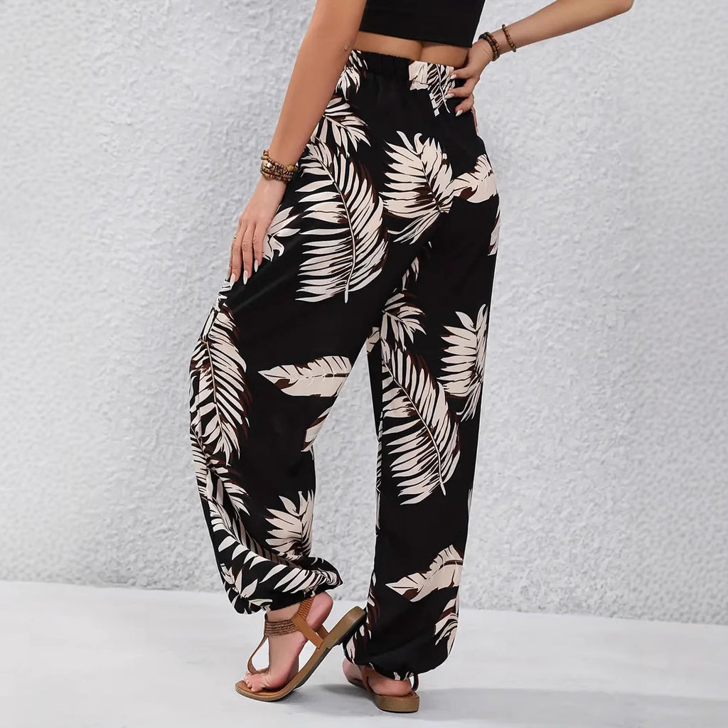 Leaf Pattern Waist Thin Belt Casual Black Polyester Trousers