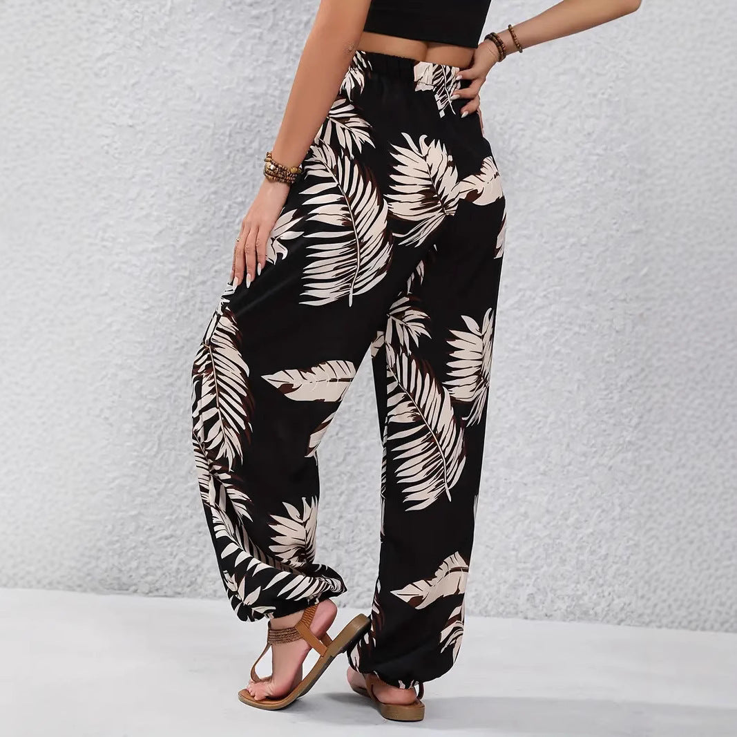 Leaf Pattern Waist Thin Belt Casual Black Polyester Trousers