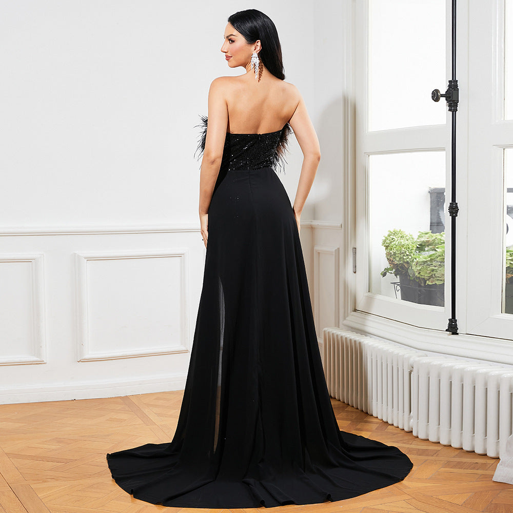 European & American Temperament Long Black Sequined Sleeveless Backless Evening Dress