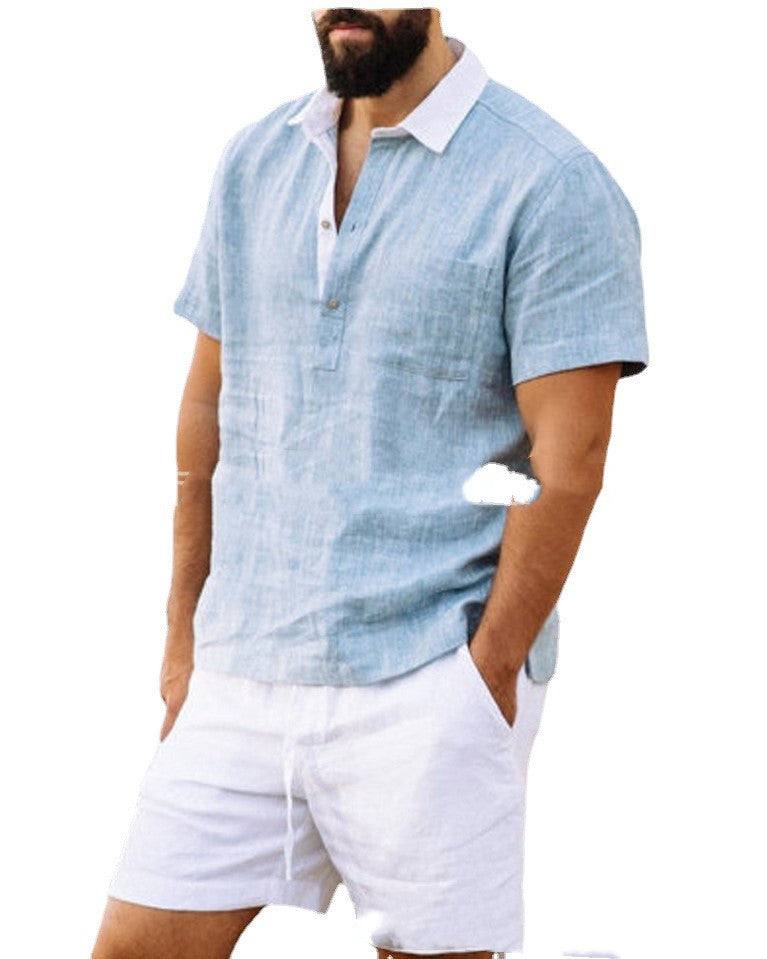 Light Blue Thin Cotton Linen Casual Lapel Shirt