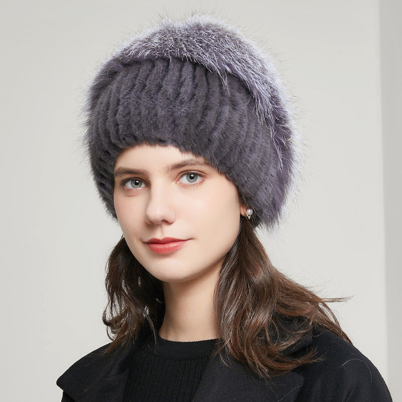 Bonnet d'hiver chaud en fourrure de renard avec strass et tricot extensible pour femme