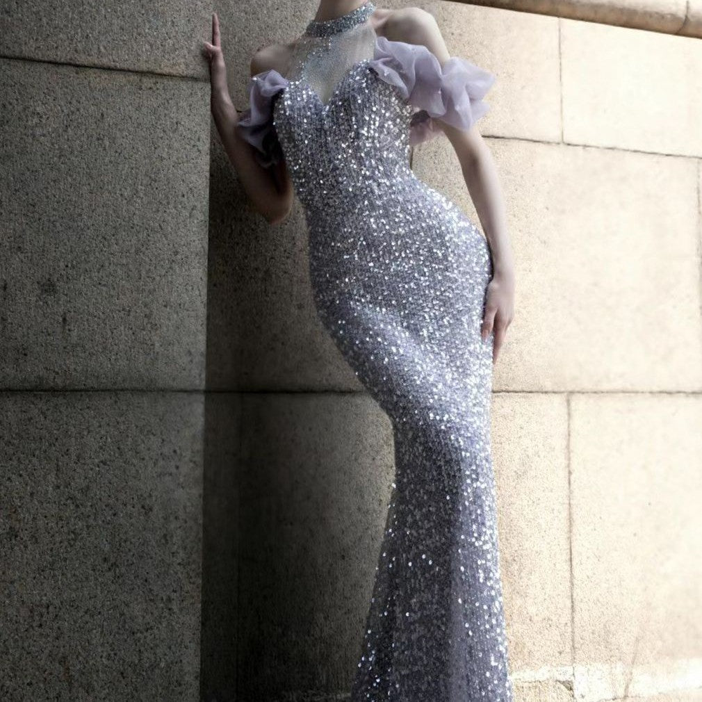Purple Beaded Starry Sky Halter Fishtail Dress for Annual Meeting