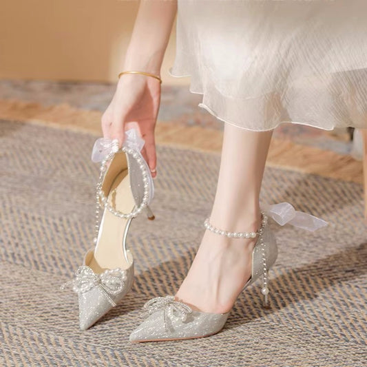 Women's Bow Pointed Heel Wedding Sandals