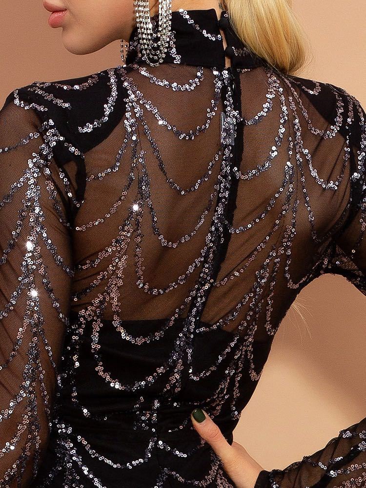 Sequins Maxi Dress Women Long Sleeve Party Dress