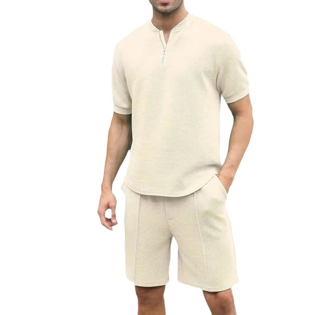 Ensemble T-shirt à manches courtes zippé et short gaufre blanc laiteux à col montant pour homme
