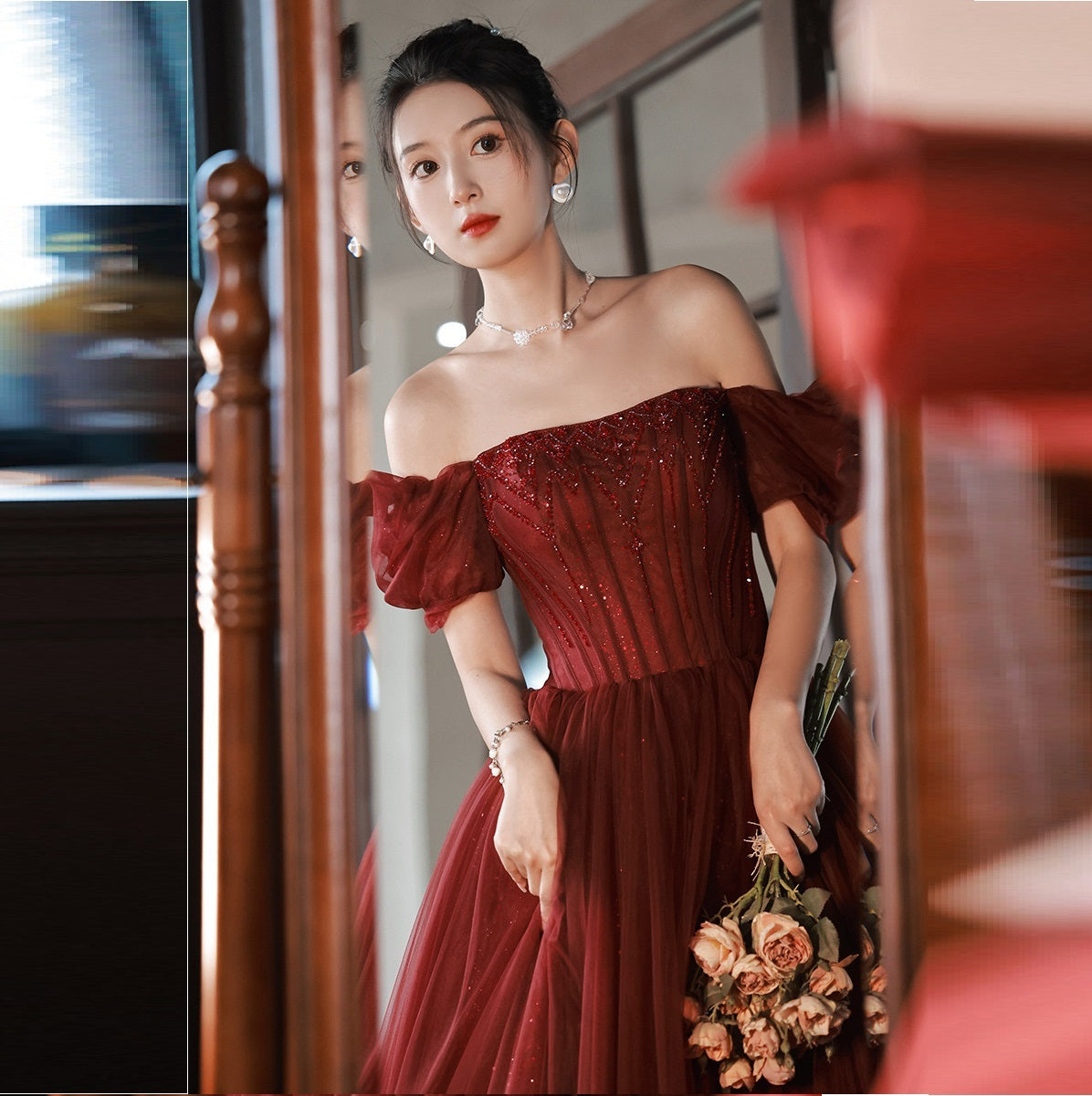 Luxury Wine Red One-Shoulder Engagement Dress Small Number