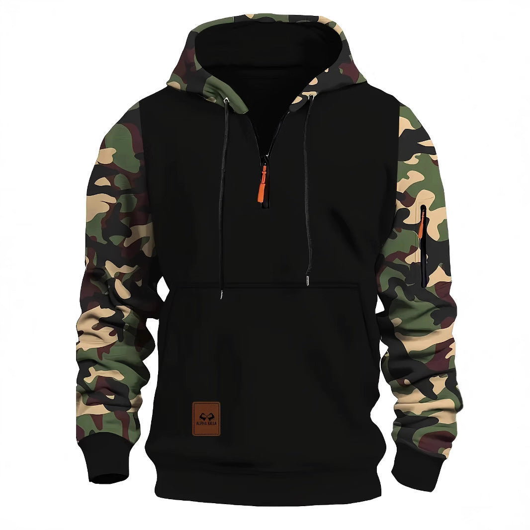 Sweat-shirt à capuche zippé vintage pour homme avec coutures et motif camouflage