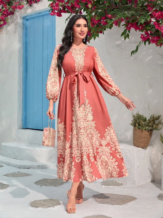 Women's Retro Printed Lantern Sleeve Long Dress with Elastic Waist