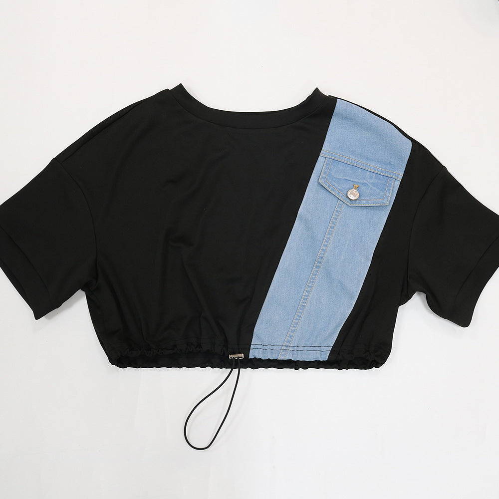 Casual Denim Stitching Tops Pants Suit Female Two-piece