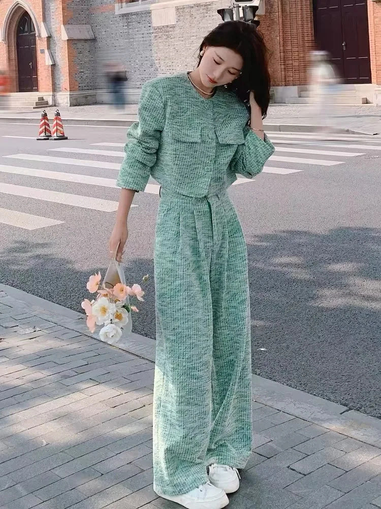 Green Acrylic Casual Suit for Women Autumn Flight Sleeve S-XL