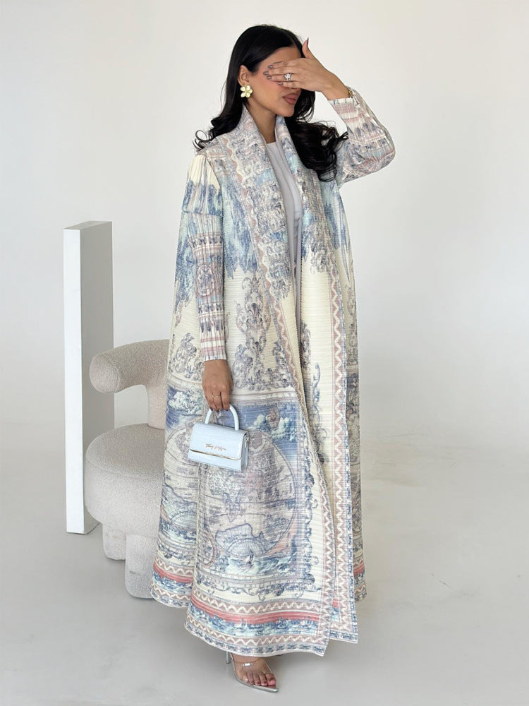 Pleated Print Cardigan Long Coat Arabic Robe Plus Size